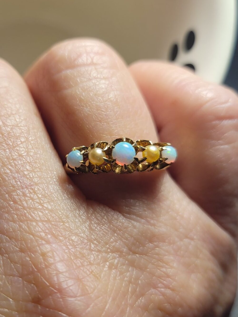 Opal Pearl Antique Gold Band Victorian Era October Birthstone 10k Ring